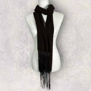 Brown Beaded Fringe Sheer Rectangular Scarf Bohemian Tassel 20" x 36" Wrap Skirt